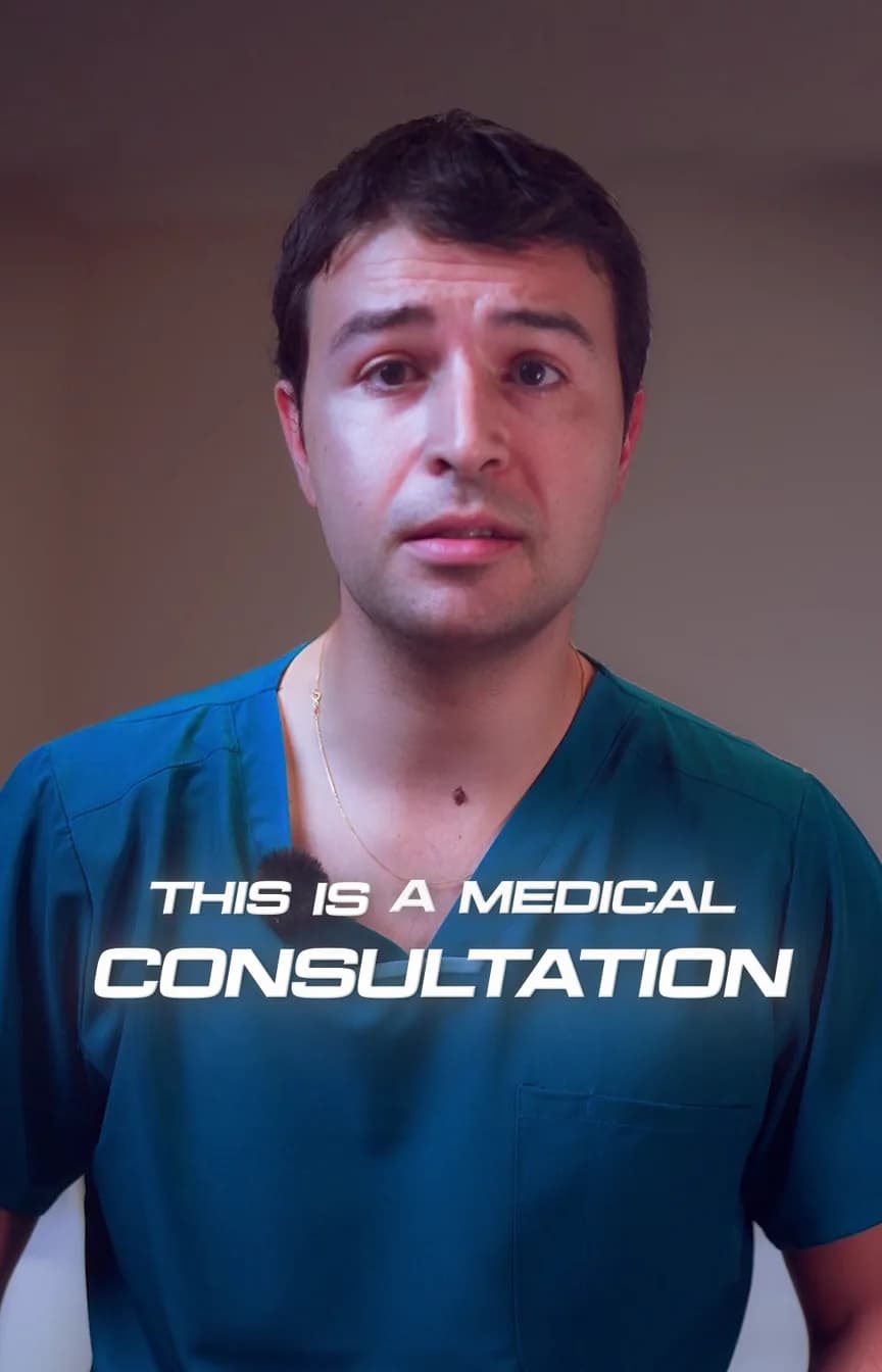 A presenter in medical scrubs speaking to camera about erectile dysfunction and how the consultation works